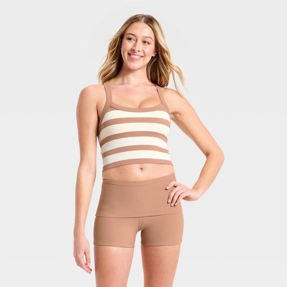 JoyLab Women Tan Cream Striped Ribbed Cross Back Crop Support Tank Top Large